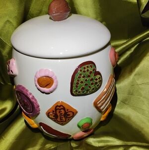 White Ceramic Cookie Jar with Colorful Accents